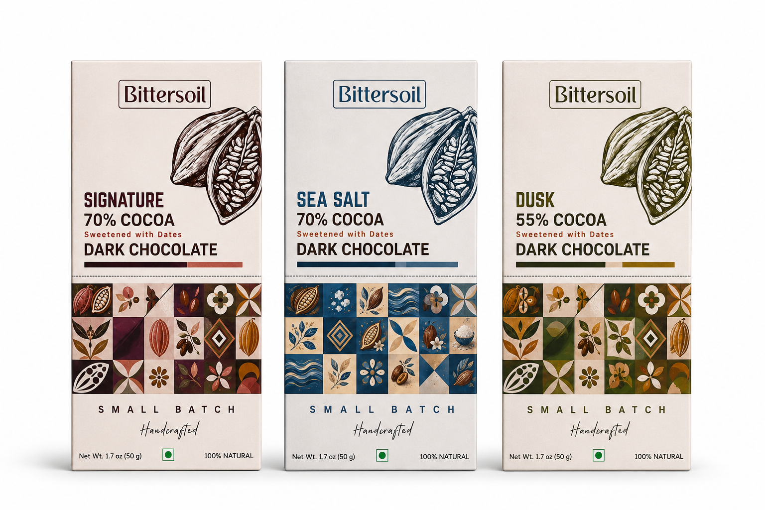 Assorted Date Sweetened Dark Chocolates - Pack of 3 - Bittersoil Assorted Date Sweetened Dark Chocolates - Pack of 3 - Bittersoil