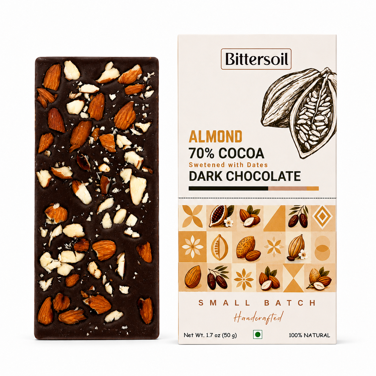 Almond Dark Chocolate Sweetened with Dates - Bittersoil
